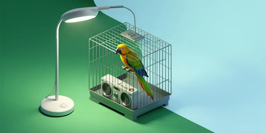Illustration for the article “The Impact of Lighting and Sounds on Pet Birds’ Behavior”